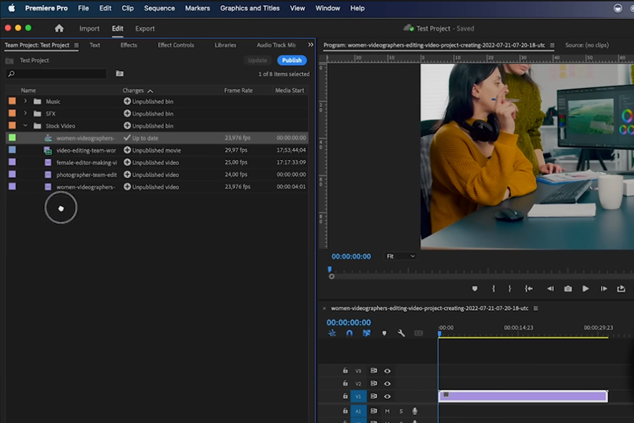 This is an image of an Adobe Premiere timeline. The background of the image is the black workspace. There are organized folders on the left side and a video still clip of a woman on the right side.