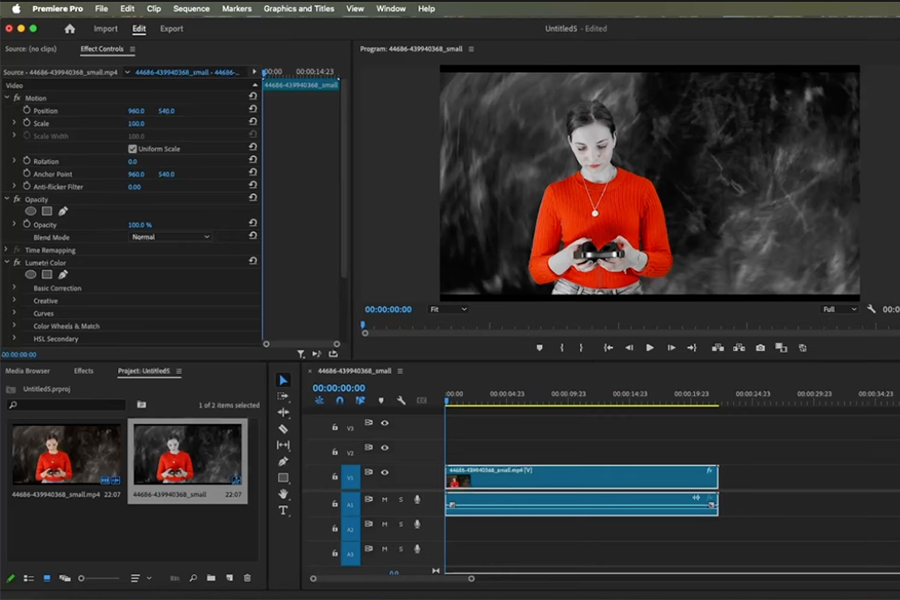 This is an image of an Adobe Premiere Pro video editing timeline. In the upper right corner of the images there is a girl wearing a red sweater.
