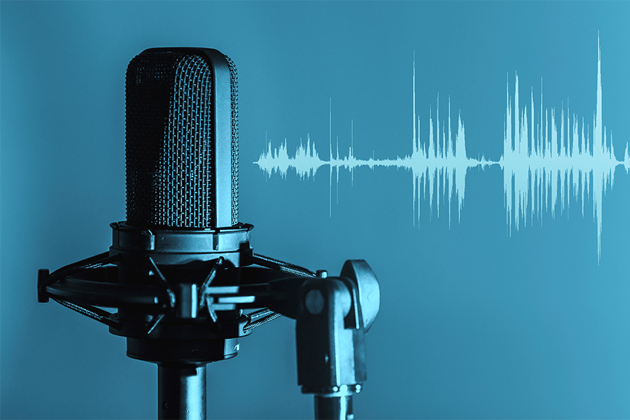 This is a microphone set on a blue background with audio waveforms.