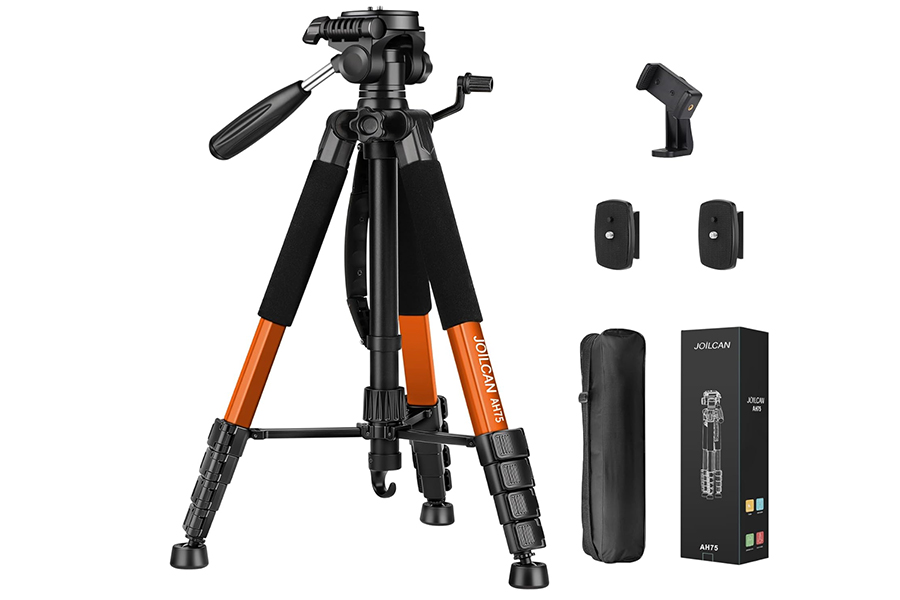 This is an orange tripod with accessories.