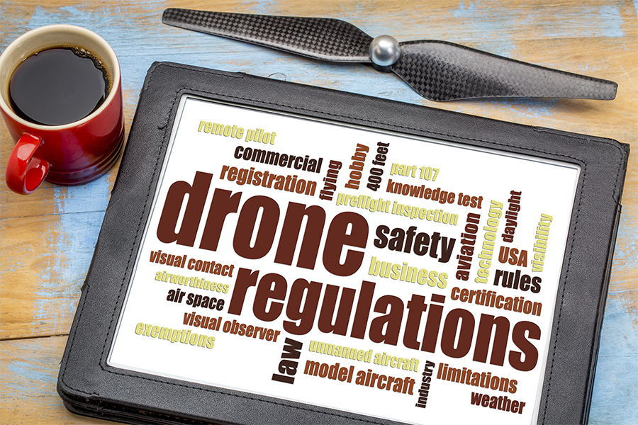Tablet on a desk with drone related words in a decorative display.