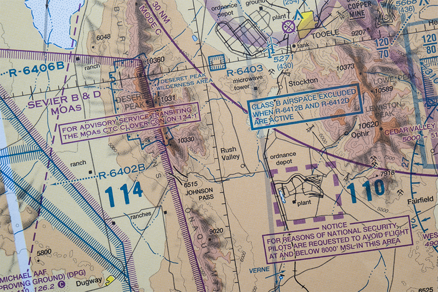 This is an image of a sectional map showing different airspace designmations on the map.